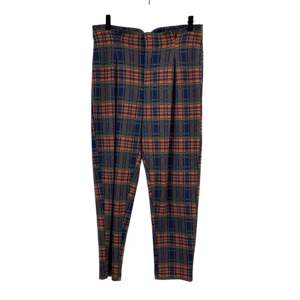 Free People Brecan High Rise Pleated Orange Navy Plaid Tapered Cropped Pants